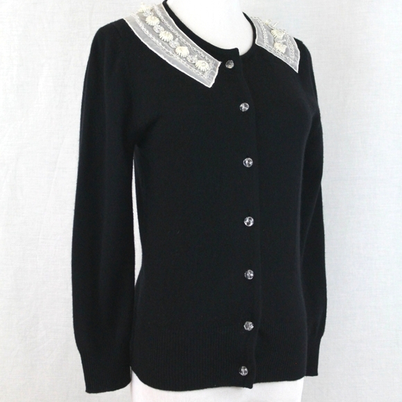Trelise Cooper Pure Cashmere Cardigan Beaded Silk Lace Collar, Crystal Buttons - Picture 4 of 9